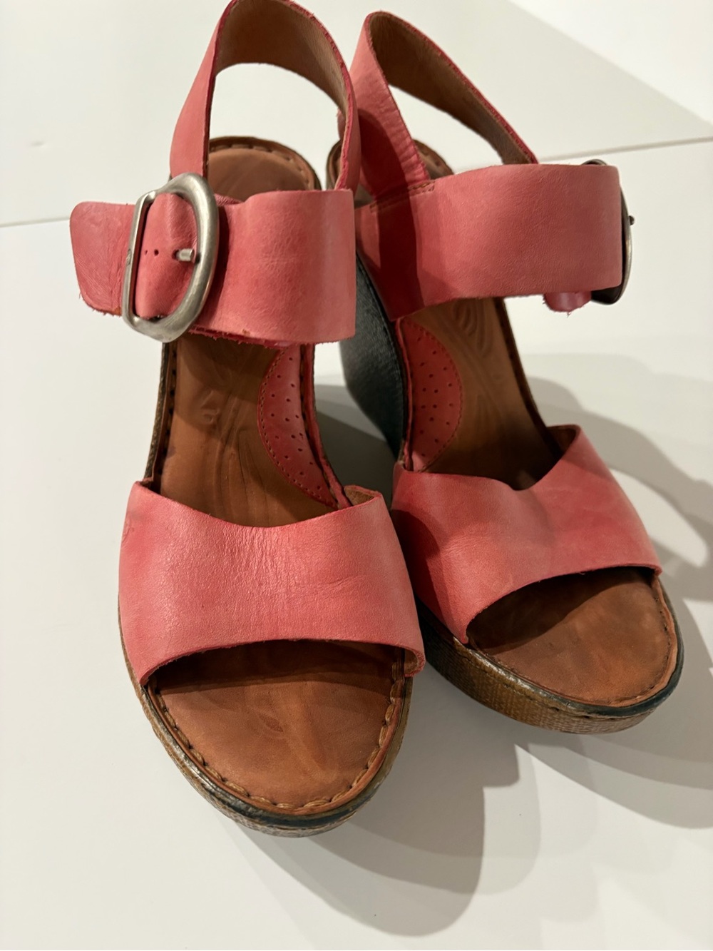 Born Coral Pink Leather Wedge Sandals with Buckle